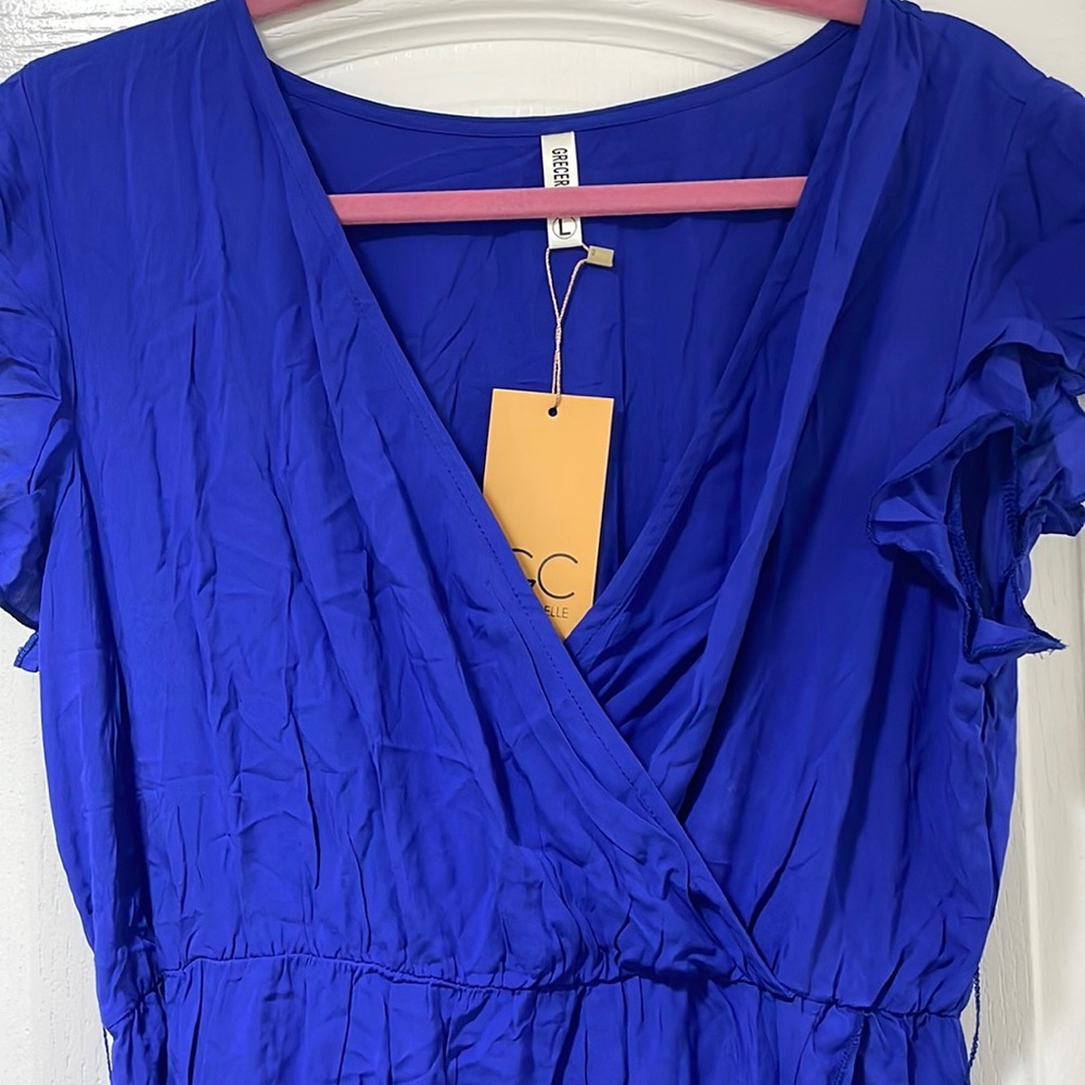 Blue v neck wrap high low dress NWT